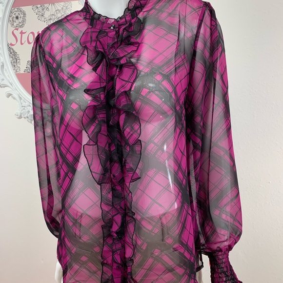 Dialogue / Ruffled Purple Black Button Up Blouse - Picture 2 of 8